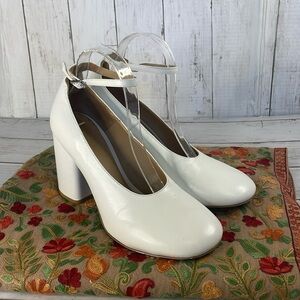 Marimekko White Block Heel Leather Ankle Strap Heels